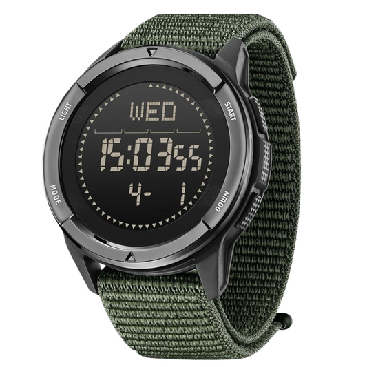 Digitale Armbanduhr mit grünem Nylonarmband, schwarzem Gehäuse, LED-Anzeige, sportlich.