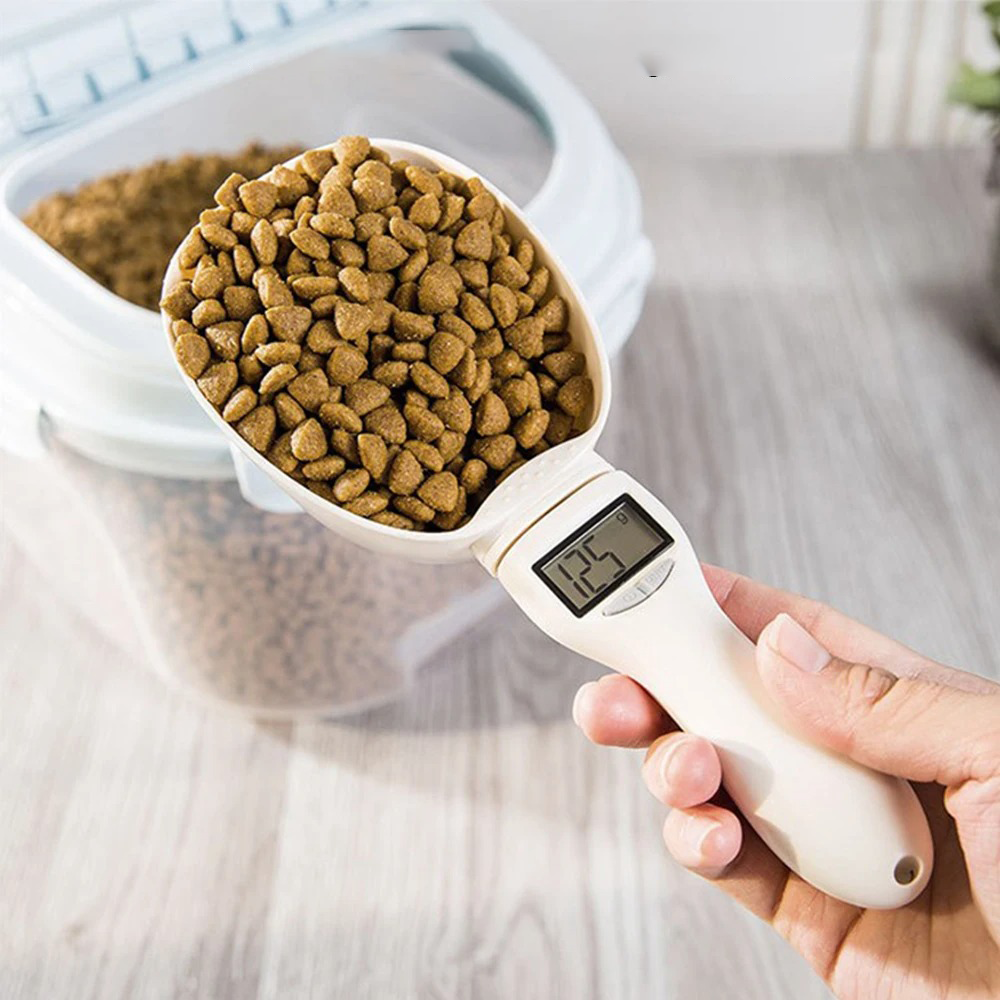 Digitale Messlöffelwaage für Haustierfutter, weiß, mit LCD-Anzeige, 125g.