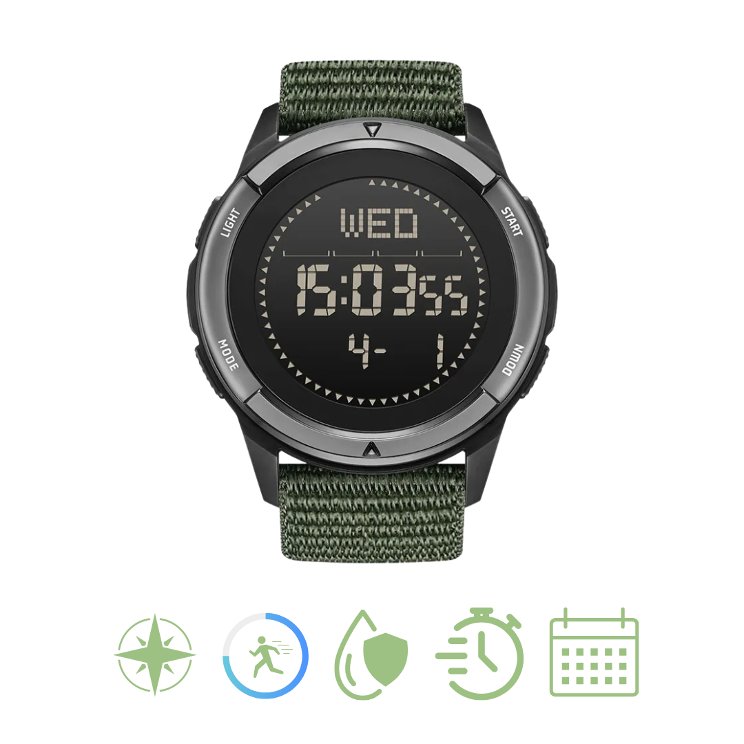 Digitale Armbanduhr mit grünem Nylonarmband, wasserdicht, Kompass, Schrittzähler, Kalender.