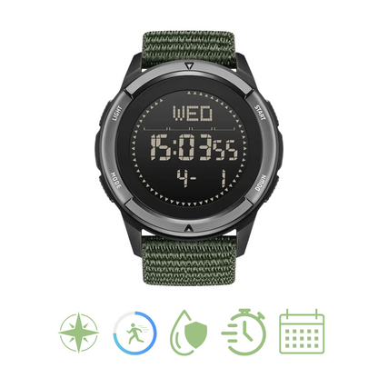 Digitale Armbanduhr mit grünem Nylonarmband, wasserdicht, Kompass, Schrittzähler, Kalender.