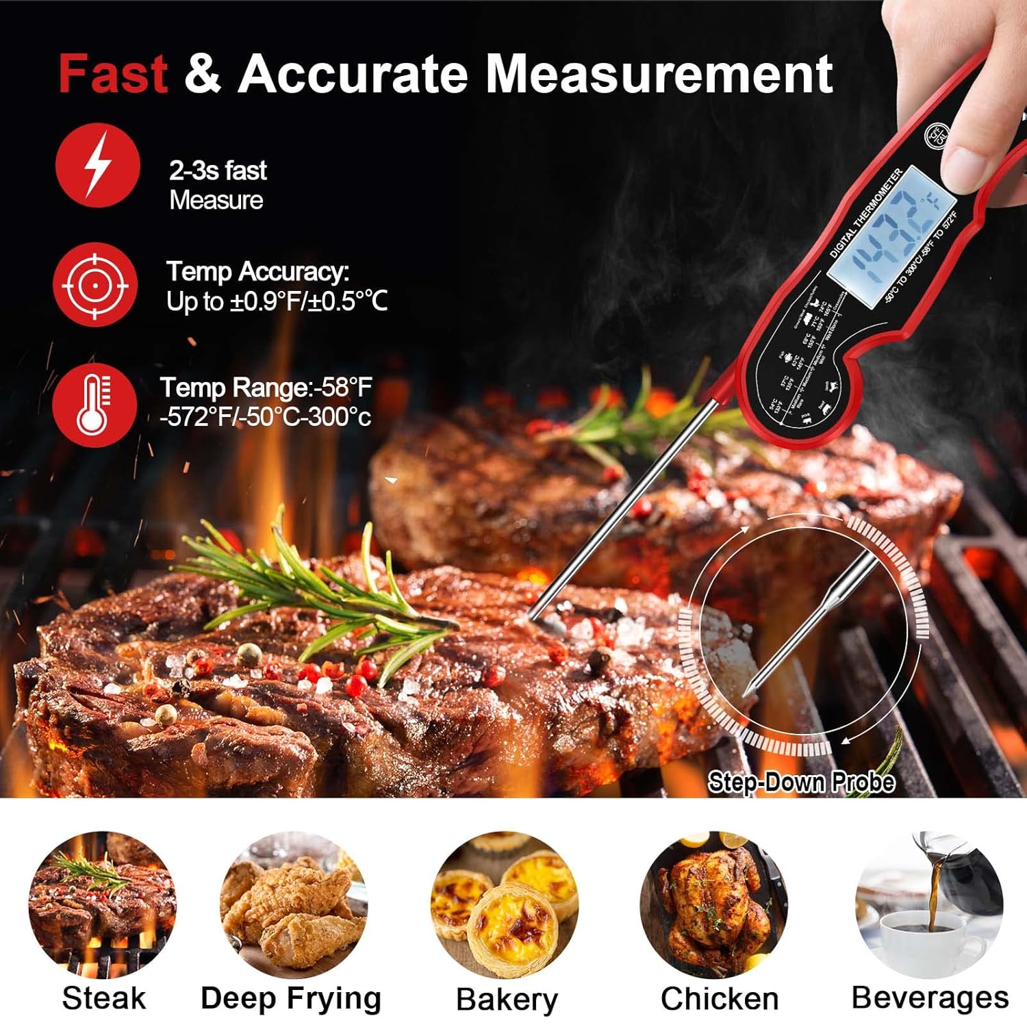 Digitales Fleischthermometer, rot, für Grill und Küche, schnelle und genaue Temperaturmessung.