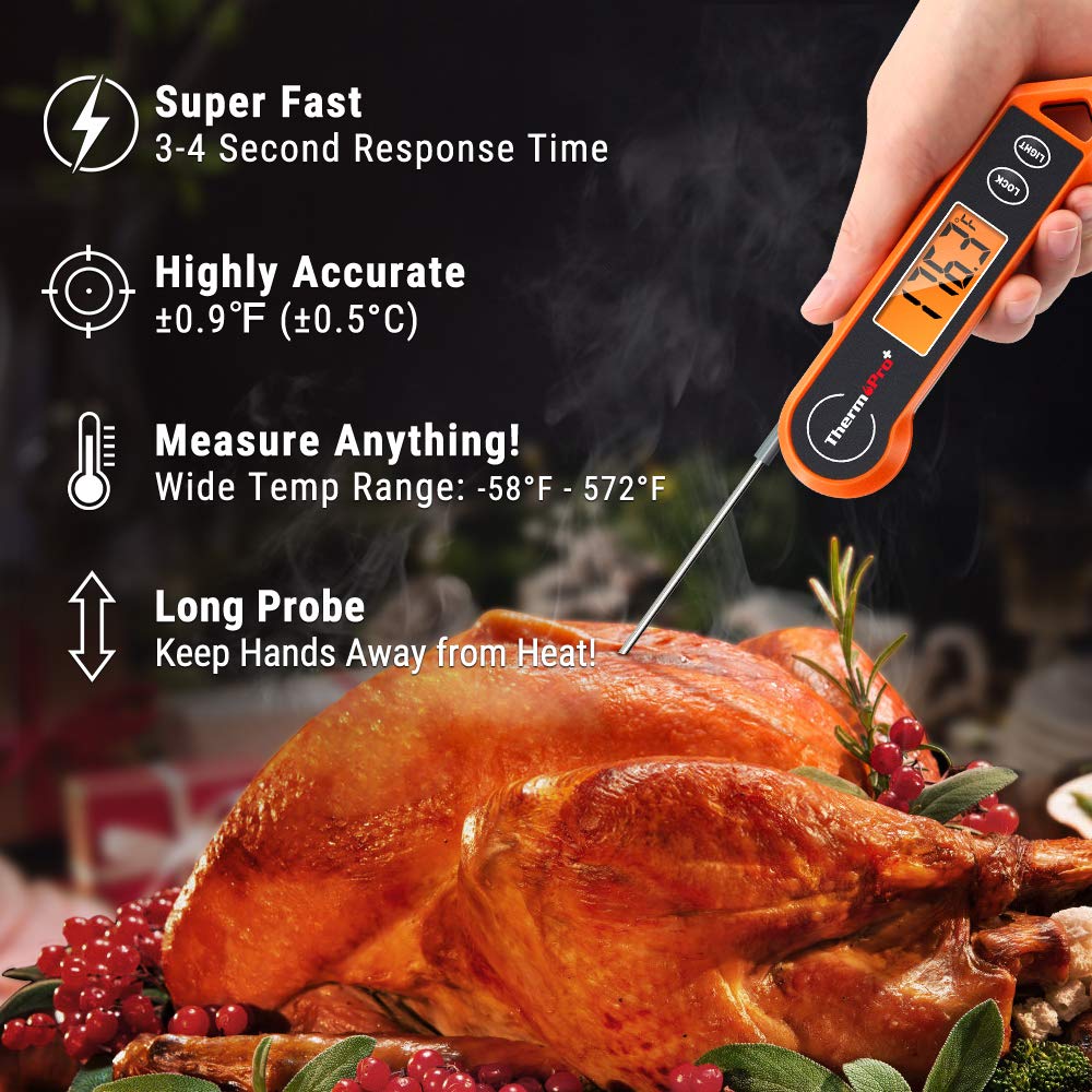 Digitales Fleischthermometer mit langer Sonde, orange, für präzise Temperaturmessung beim Kochen.