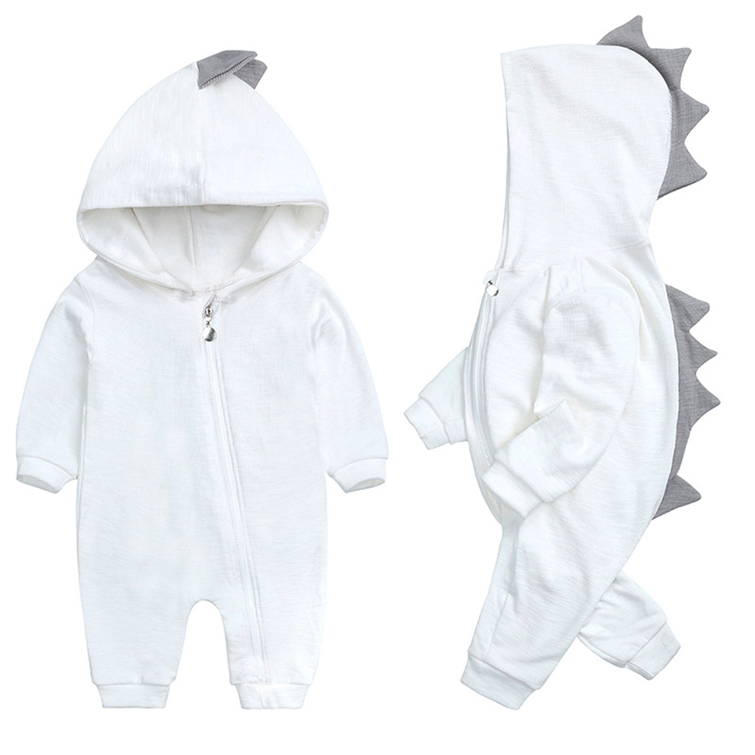 Weißer Baby-Dinosaurier-Overall mit Kapuze und grauen Stacheln, Baumwolle, Reißverschluss.