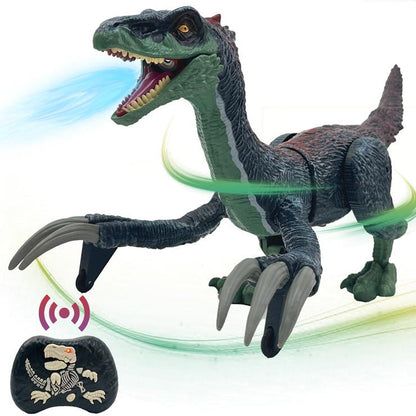 Ferngesteuerter Dinosaurier Spielzeug, schwarz-grün, mit leuchtenden Augen und Soundeffekten.