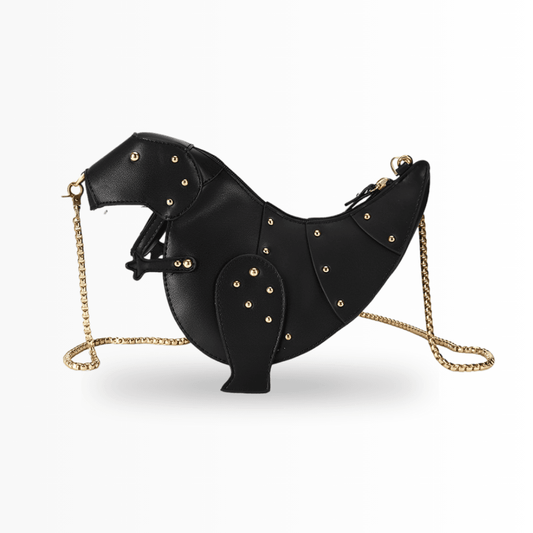 Schwarze Dinosaurier-Handtasche aus Leder mit goldener Kette und Nieten, modisches Accessoire.