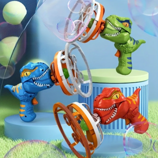 Dinosaurier-Seifenblasenpistolen in Blau, Grün und Rot, Kinder-Spielzeug, Outdoor-Spaß.