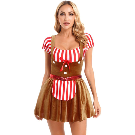 Frau im rot-weiß gestreiften Dirndl-Kostüm, brauner Rock, Oktoberfest-Outfit.