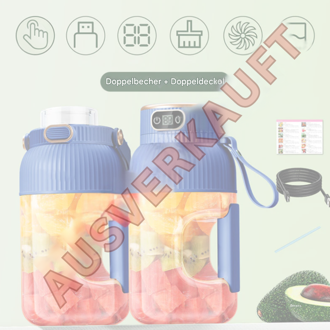 Tragbarer Mixer mit Doppelbecher, blau, ausverkauft, ideal für Smoothies und Säfte.