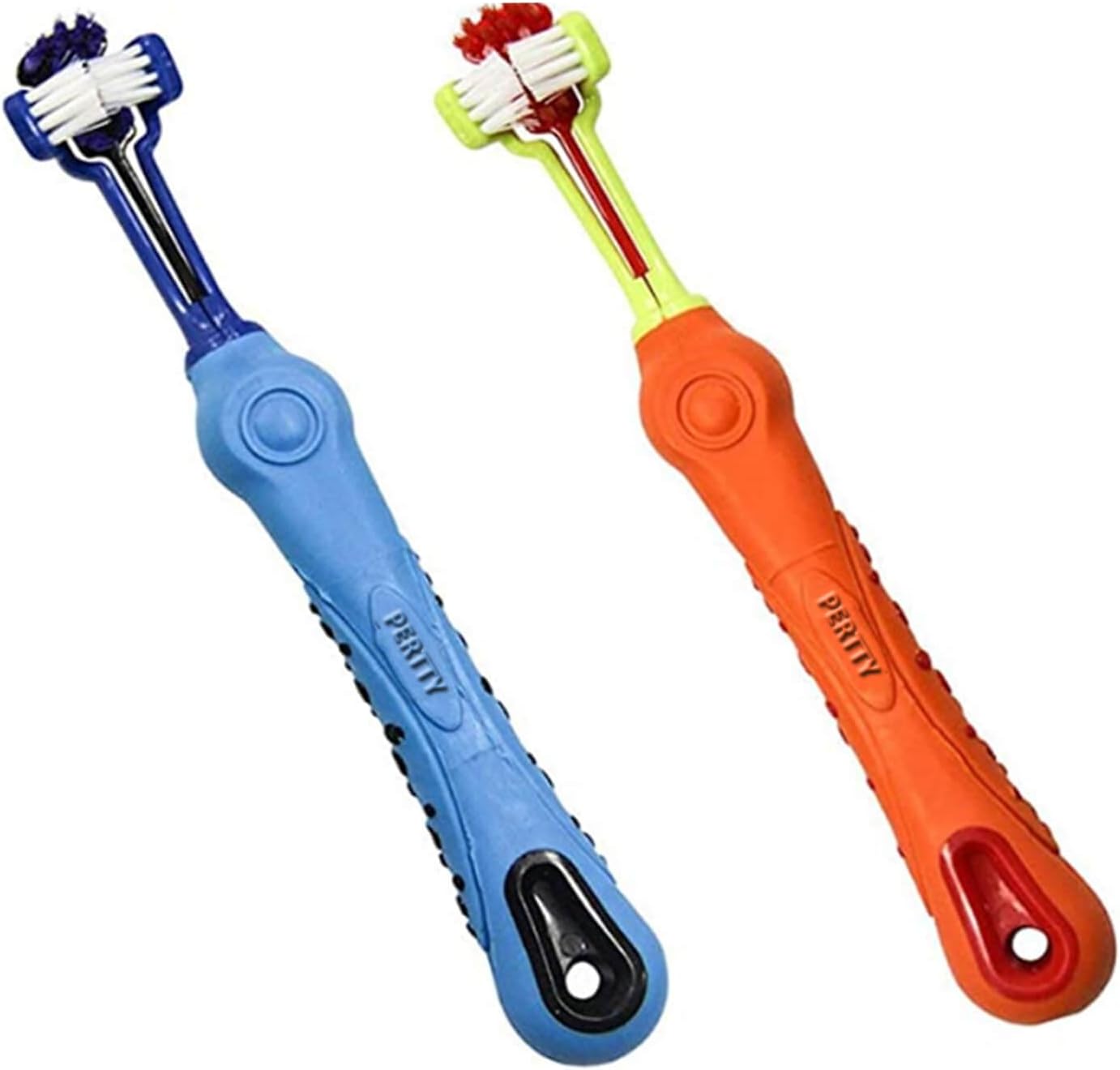 Zwei Zahnbürsten für Hunde, blau und orange, mit doppeltem Bürstenkopf, rutschfester Griff.