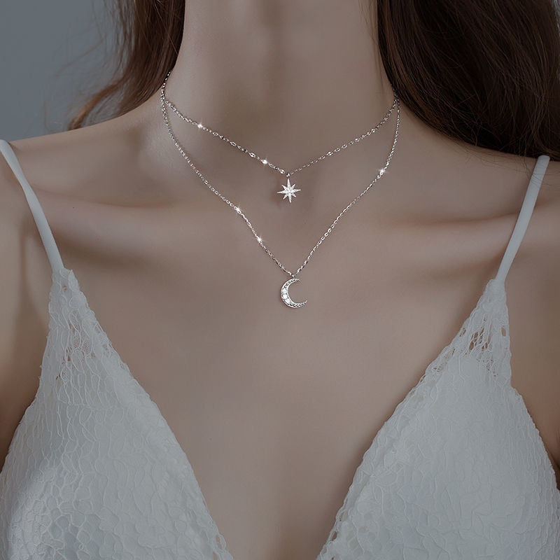 Doppellagige Halskette Silber Mond Stern Anhänger Damenmode Schmuck Accessoire Elegant