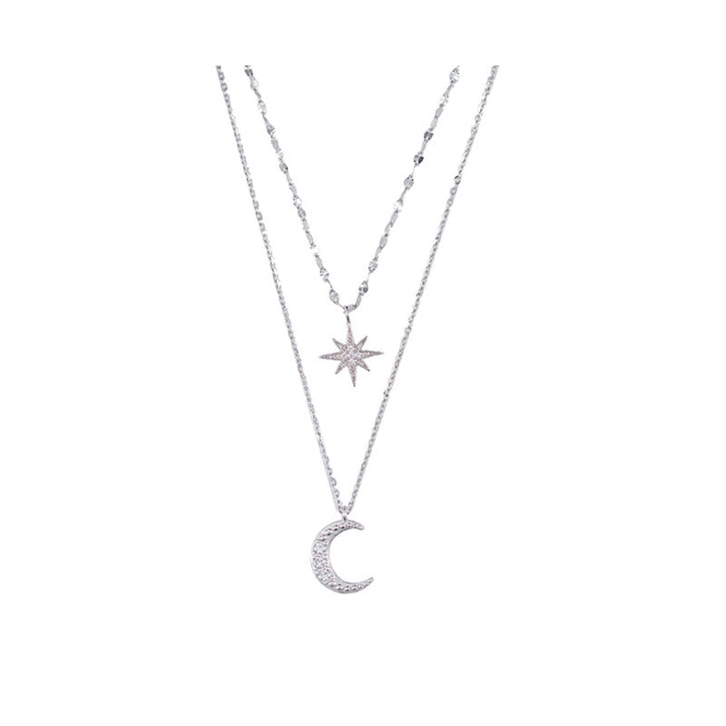 Silberne Halskette mit Stern- und Mondanhänger, Damen Schmuck, modisch, elegant, Geschenkidee.