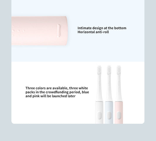 Drei elektrische Zahnbürsten, weiß, blau, rosa, rutschfest, modernes Design.