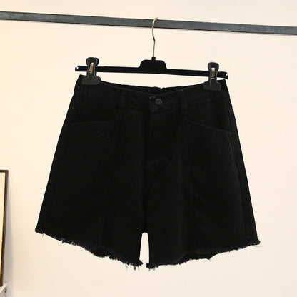 Schwarze Damen-Jeansshorts, Fransen, hohe Taille, lässig, Sommermode.