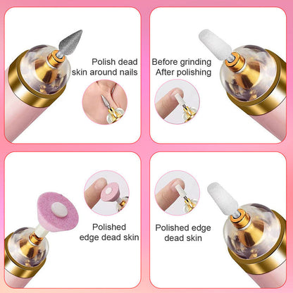 Elektrische Nagelfeile Set, rosa, mit verschiedenen Aufsätzen zur Nagelpflege und Hautglättung.
