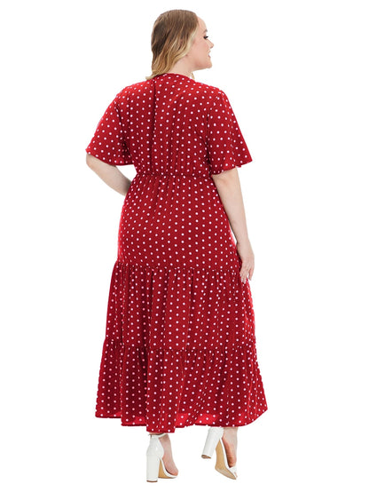 Rotes Maxikleid mit weißen Punkten, Kurzarm, Plus Size, Damenmode, Sommerkleid, Rückansicht.