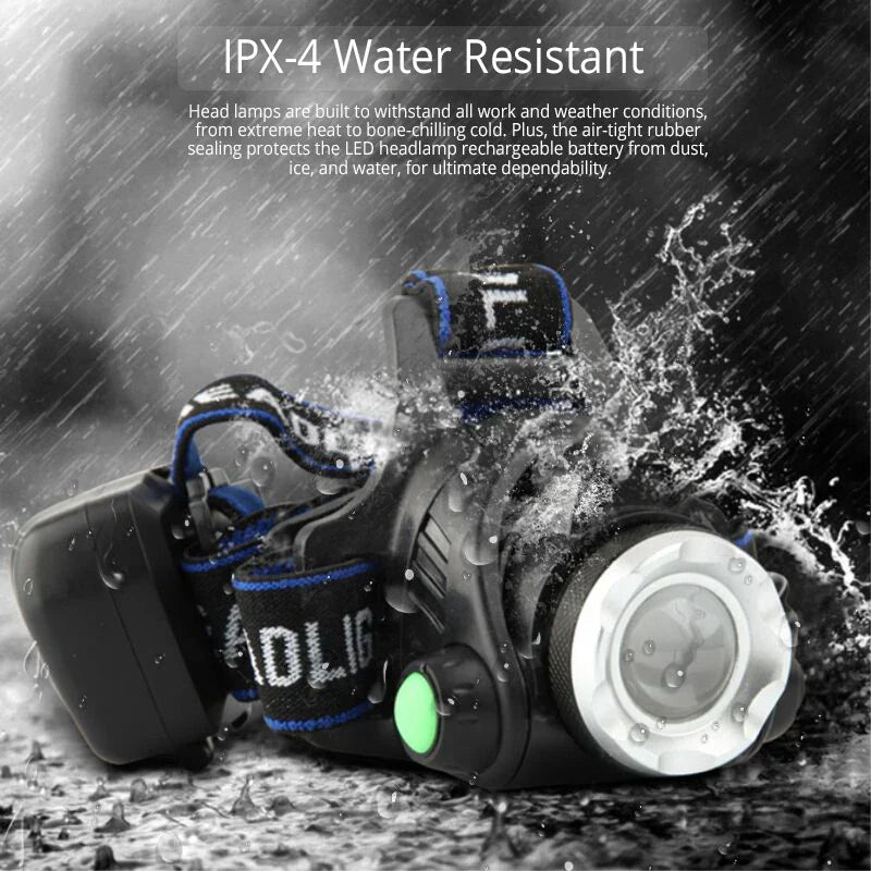 Wasserdichte LED-Stirnlampe, IPX-4, schwarz, verstellbar, für Outdoor-Aktivitäten.