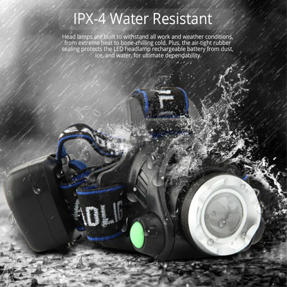 Wasserdichte LED-Stirnlampe, IPX-4, schwarz, verstellbar, für Outdoor-Aktivitäten.