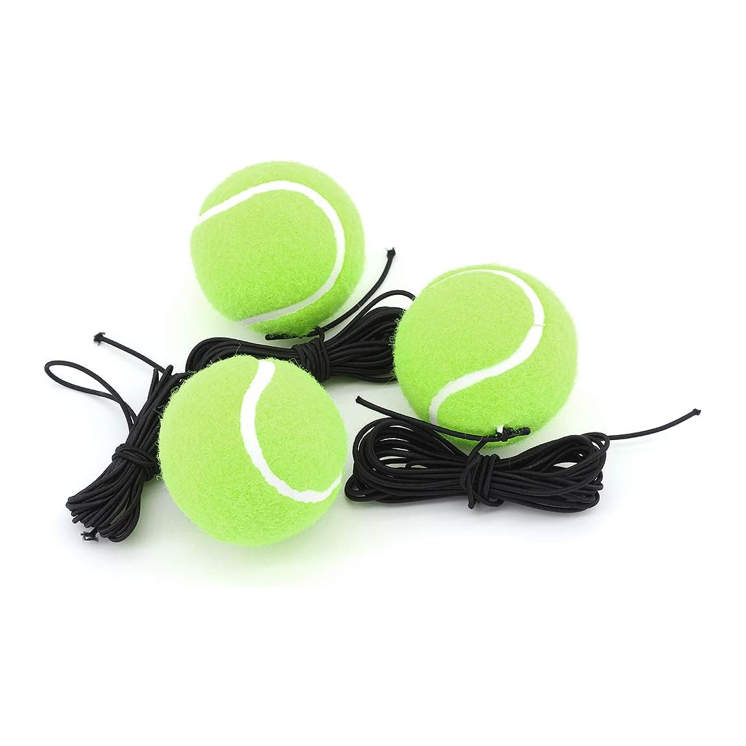 Drei grüne Tennisbälle mit schwarzen Schnüren, Sportzubehör, Training, Outdoor-Spielzeug.