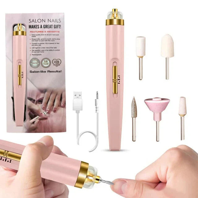 Rosa elektrisches Nagelpflegeset mit Aufsätzen, USB-Ladekabel, Maniküre-Werkzeug.