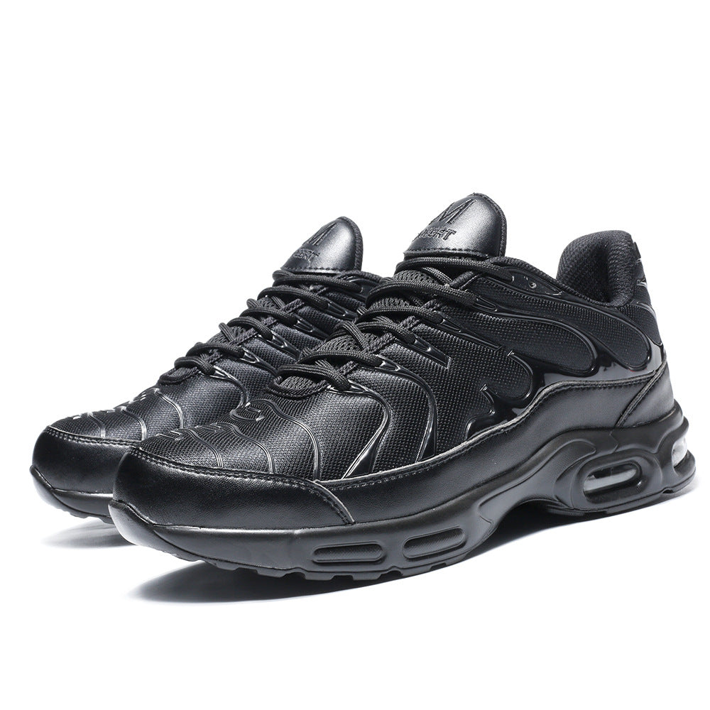 Schwarze Sneaker, atmungsaktiv, sportlich, Herren, modisch, bequem, rutschfest, Freizeit.