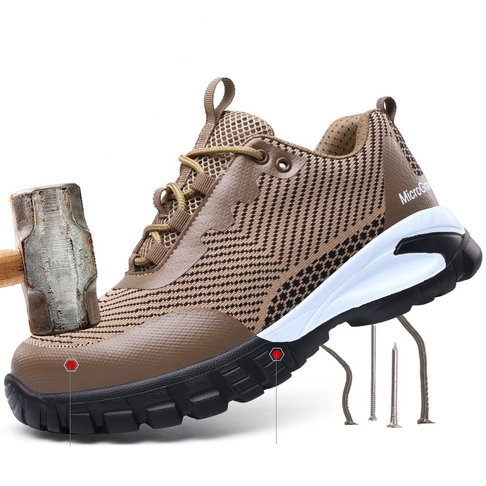Brauner Sicherheitsschuh mit Stahlkappe, rutschfeste Sohle, atmungsaktives Mesh, robustes Design.