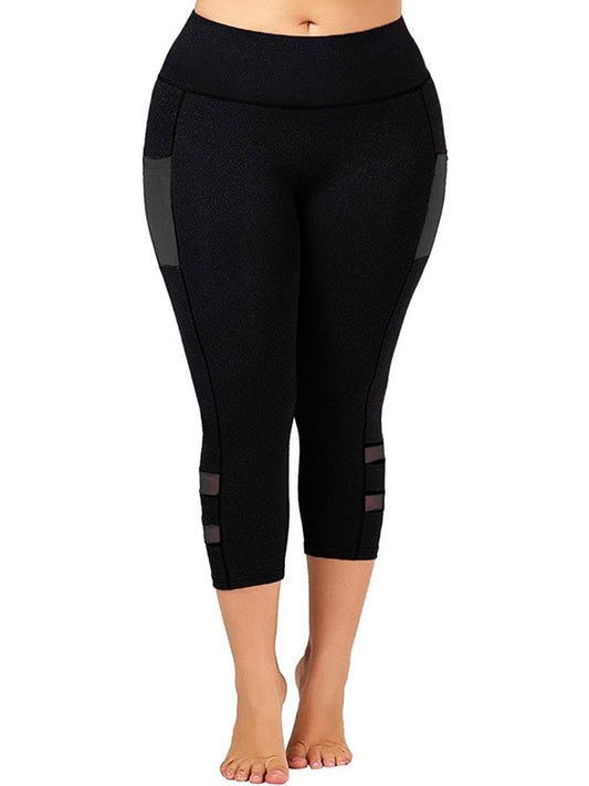 Schwarze Damen-Leggings, knielang, mit Mesh-Einsätzen, Sportbekleidung, Plus-Size.