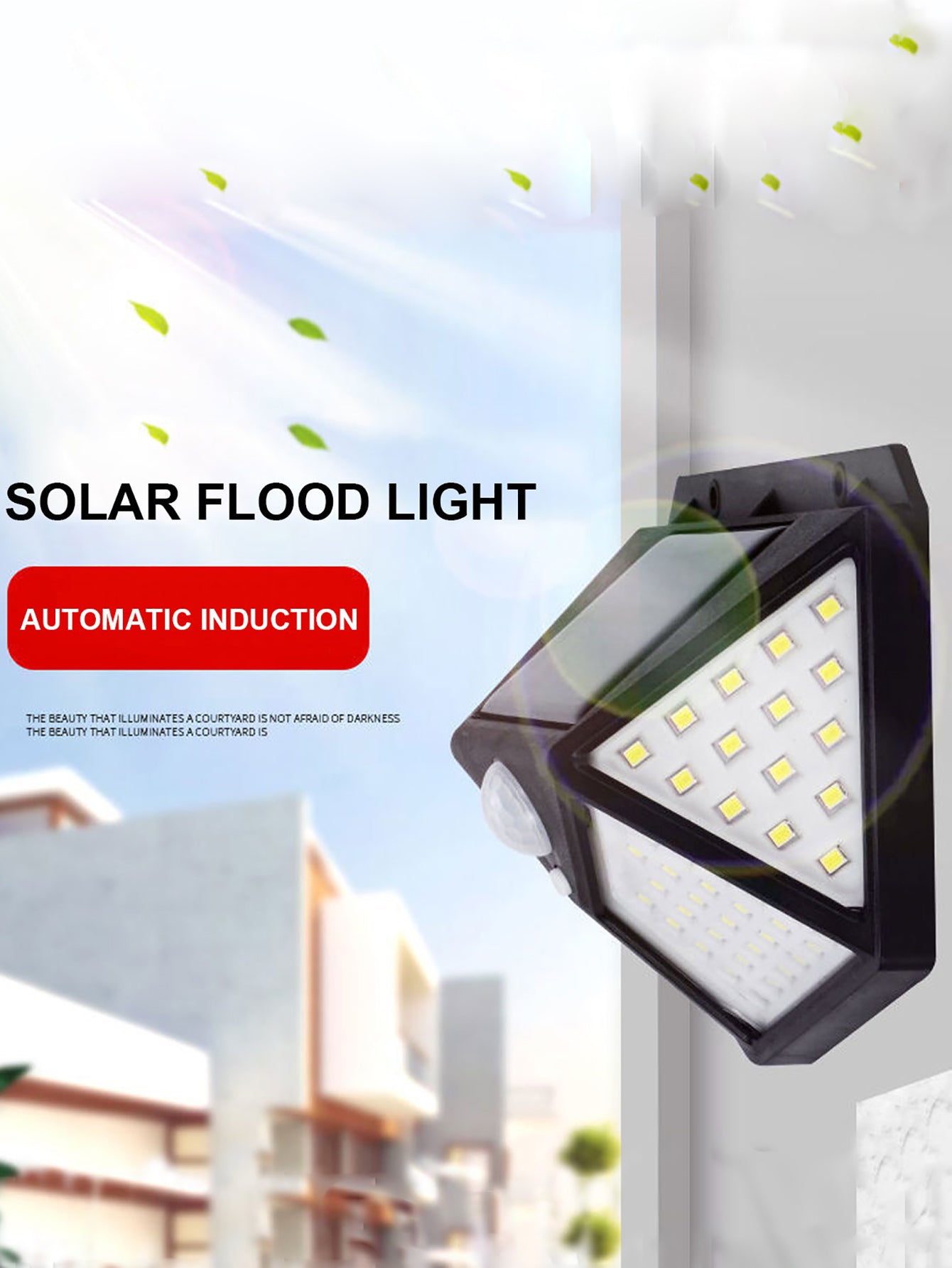 Schwarze Solarleuchte mit Bewegungsmelder, LED, wetterfest, für Außenbereich.