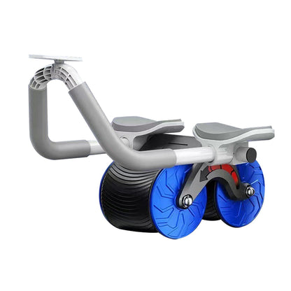 Grauer und blauer Bauchtrainer mit Doppelrollen für effektives Core-Training.