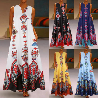 Ärmelloses Maxikleid mit ethnischem Muster, in Weiß, Schwarz, Blau, Gelb und Hellblau.