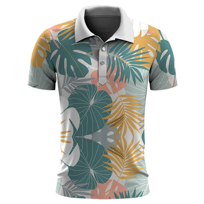 Herren-Poloshirt mit tropischem Blattmuster, mehrfarbig, kurzärmelig, Freizeitmode.