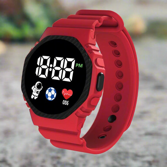 Rote Smartwatch mit Silikonarmband, digitalem Display, Fitness-Tracker, Kinderuhr.