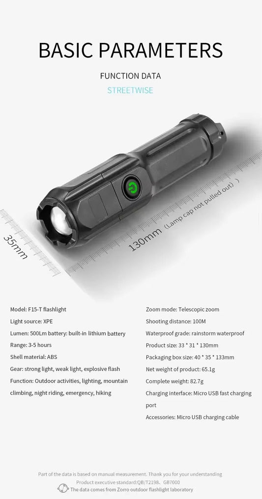 Schwarze LED-Taschenlampe, wasserdicht, Zoom-Modus, Outdoor, 500lm, USB-Ladung, 100m Reichweite.
