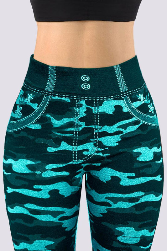 Damen-Leggings mit grünem Camouflage-Muster, hoher Bund, elastisch, bequem.