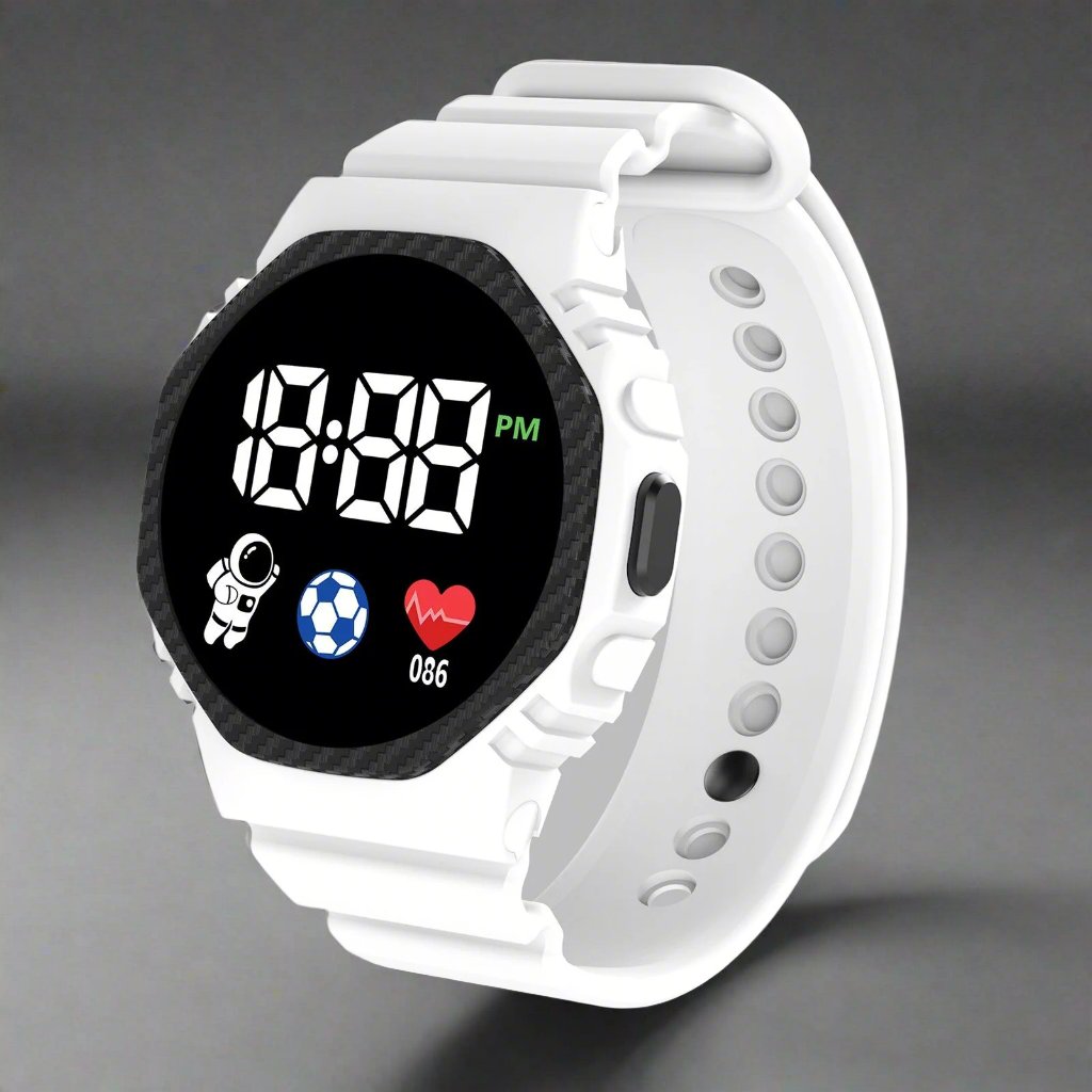 Weiße digitale Smartwatch mit schwarzem Zifferblatt, Sport-Icons und Herzfrequenzanzeige.