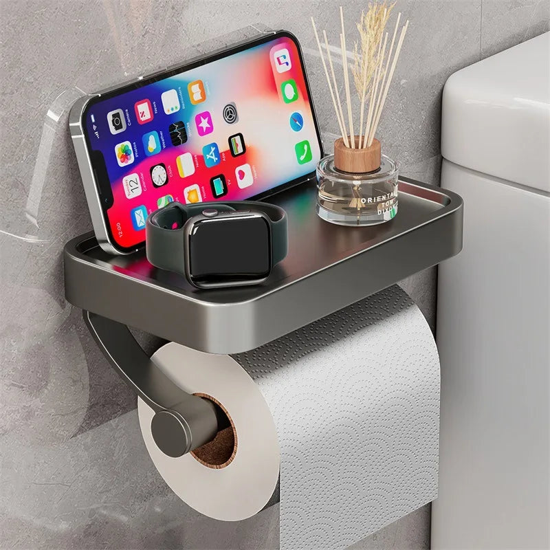 Wandhalterung mit Handyablage, Toilettenpapierhalter, Edelstahl, modern, Badezimmerzubehör.