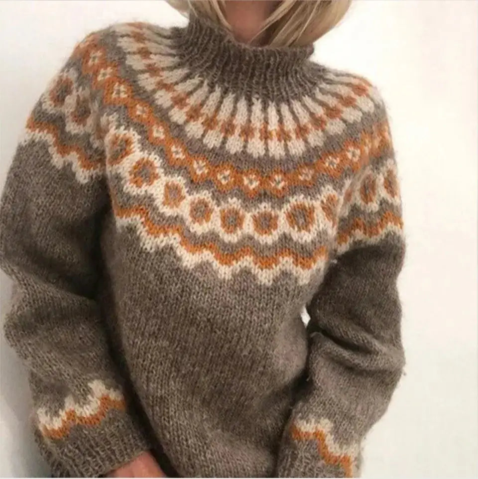Damenpullover aus Wolle, braun mit Norwegermuster, warm, modisch, Herbst-Wintermode.