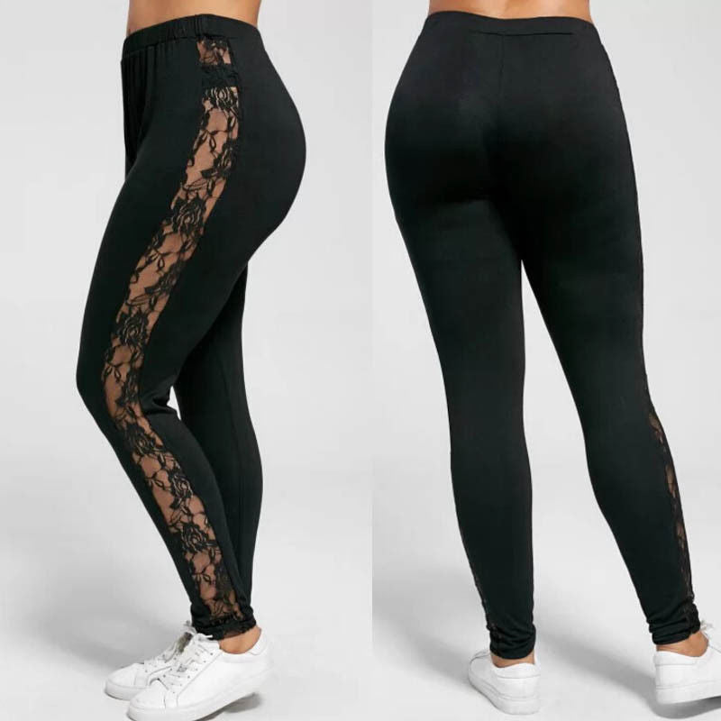 Schwarze Leggings mit Spitzen-Einsätzen, Damenmode, elastisch, bequem, sportlich.