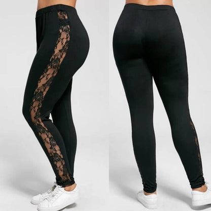 Schwarze Leggings mit Spitzen-Einsätzen, Damenmode, elastisch, bequem, sportlich.