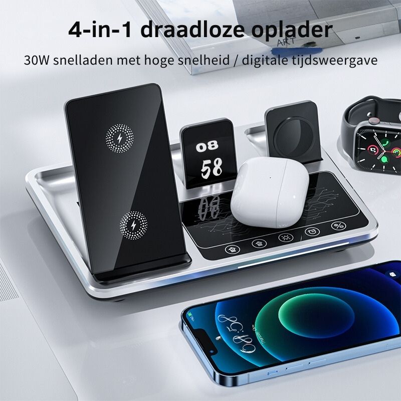4-in-1 drahtloses Ladegerät, 30W, Schnellladung, digitaler Zeitdisplay, Schwarz-Silber