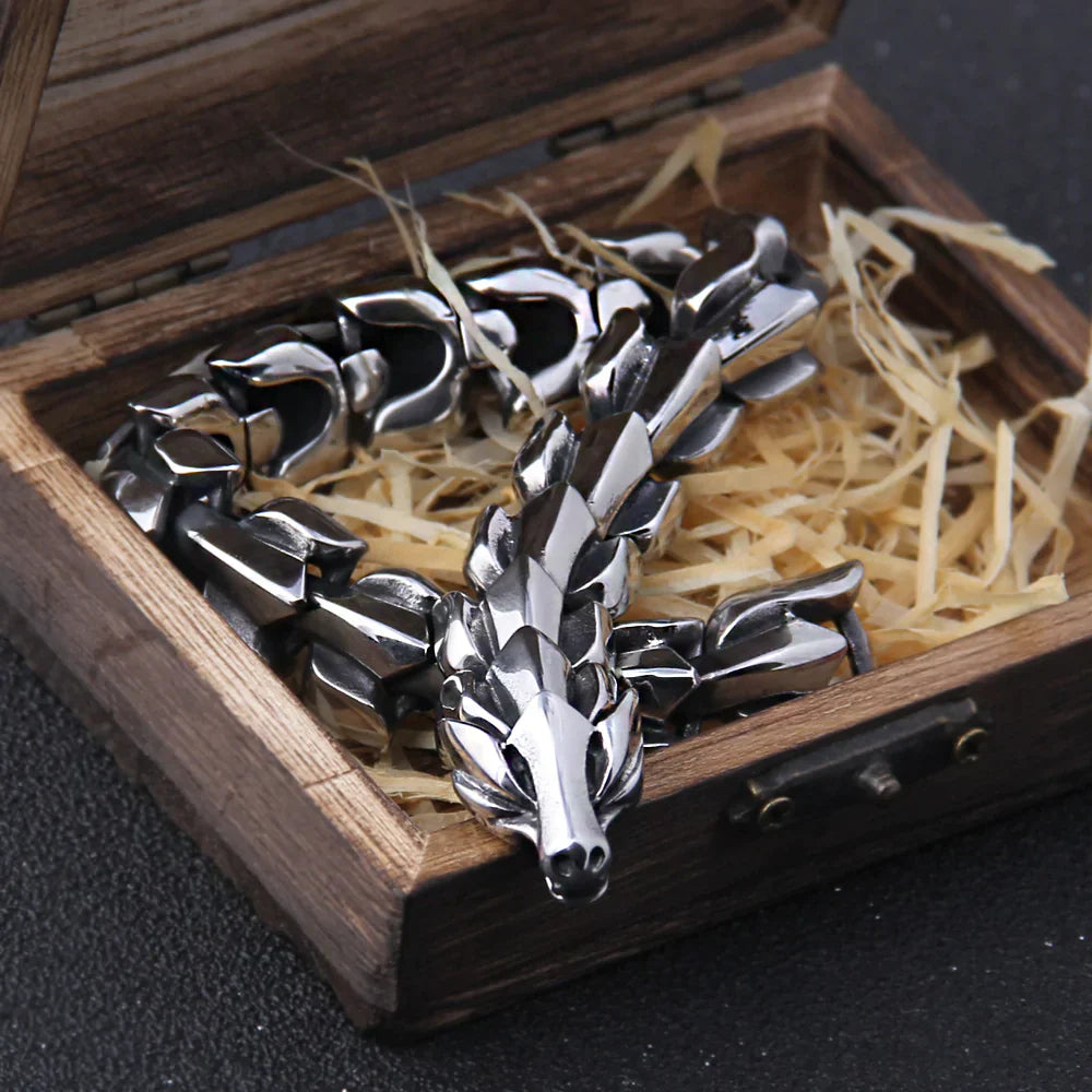Silberner Drachenarmreif in Holzbox, Schmuck, Edelstahl, Geschenk, Fantasy-Design, Unisex