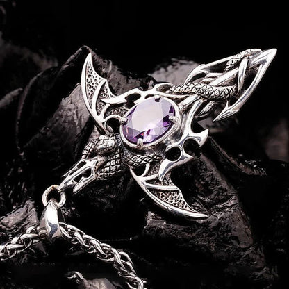 Silberner Wikinger-Anhänger mit lila Kristall, Drachenmotiv, keltisches Design, Schmuck für Herren.