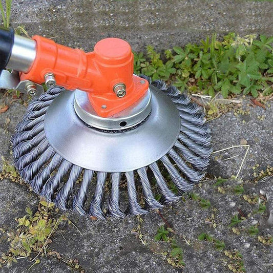 Unkrautbürste aus Stahl für Motorsense, rund, silber, ideal zur effektiven Unkrautentfernung.