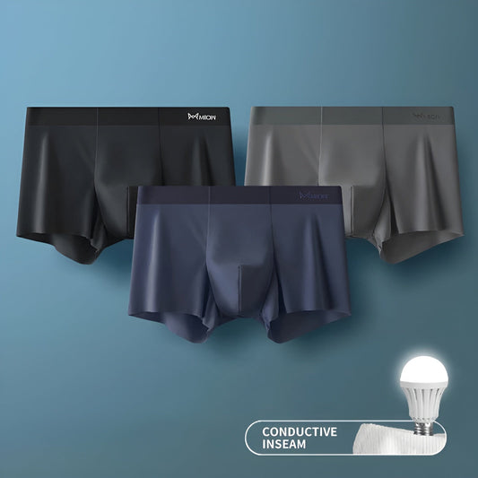 Drei Herren-Boxershorts in Schwarz, Grau und Blau, nahtlos, mit leitfähigem Einsatz.