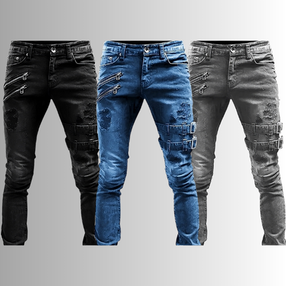 Drei Herrenjeans, schwarz und blau, mit Rissen und Schnallen, modisch und robust.