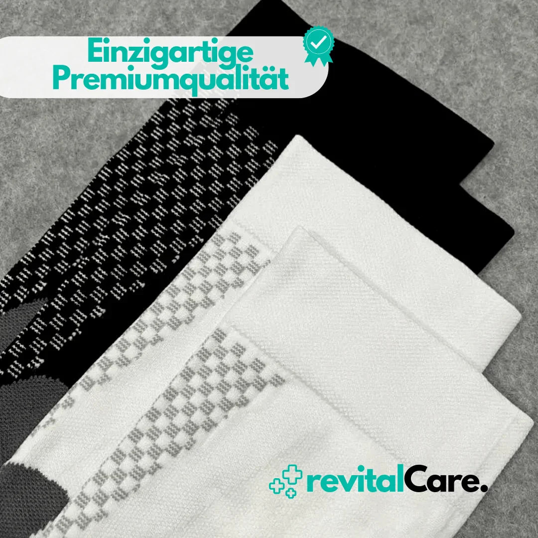 Drei Paar Kompressionsstrümpfe, schwarz und weiß, Premiumqualität, revitalCare.