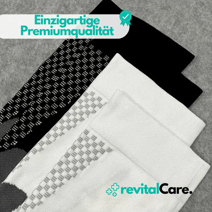 Drei Paar Kompressionsstrümpfe, schwarz und weiß, Premiumqualität, revitalCare.