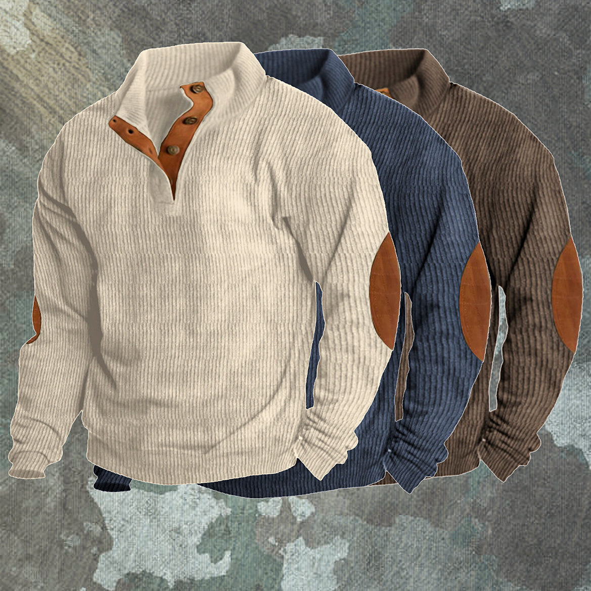 Drei Herrenpullover mit Knopfleiste, beige, blau, braun, mit Ellenbogen-Patches, Strickdesign.