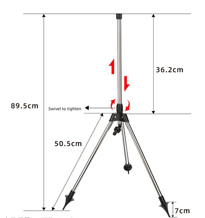 Verstellbares Stativ aus Metall, 89,5 cm Höhe, für Kameras und Projektoren, silberfarben.