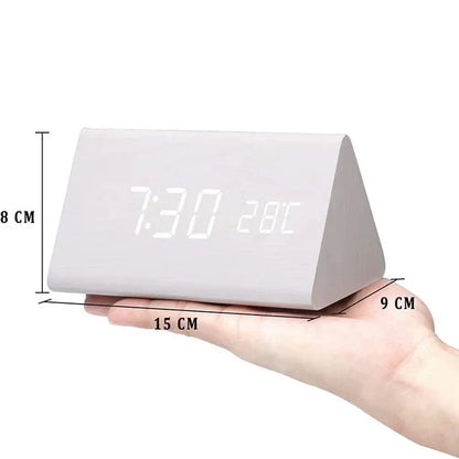 Weiße LED-Holzuhr, Wecker mit Temperaturanzeige, modernes Design, ideal für Schlafzimmer.