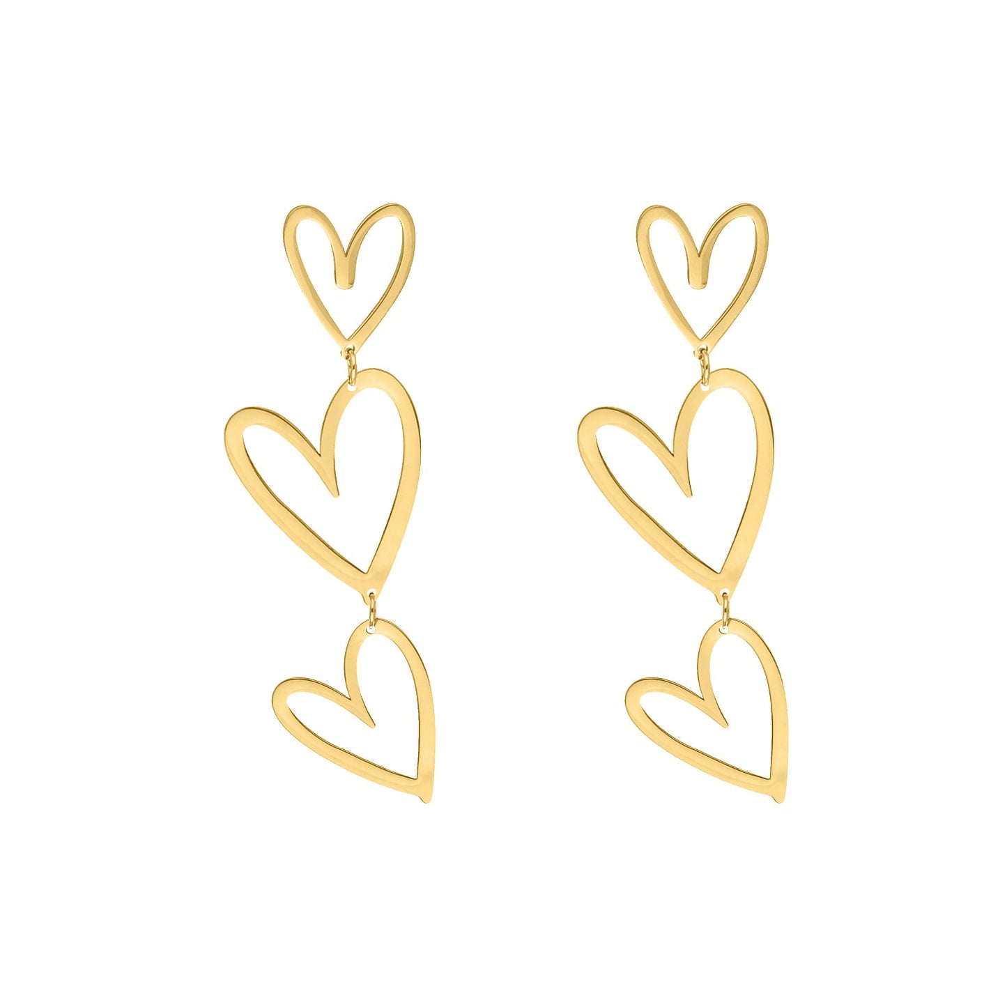 Goldene Ohrringe mit drei offenen Herzen, modisches Schmuckdesign, eleganter Stil.